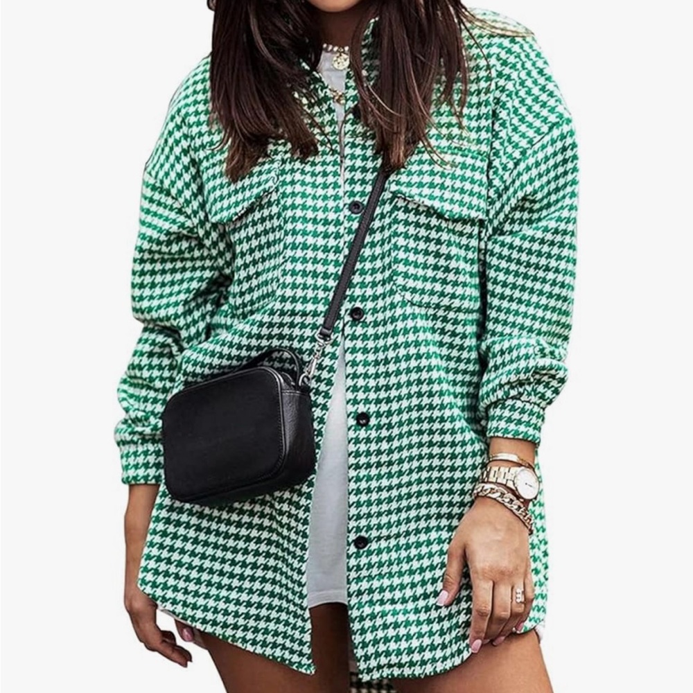 Green Houndstooth Oversized Shirt Jacket